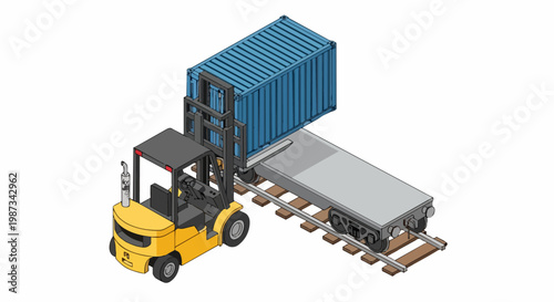 Isometric Illustration of Yellow Forklift Loading Blue Shipping Container onto Railway Flatcar, Intermodal Logistics and Supply Chain Concept Isolated on White