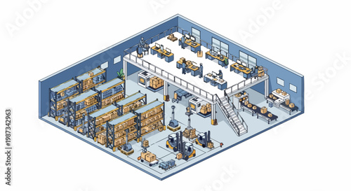 Isometric Warehouse Logistics and Supply Chain Distribution Center Illustration
