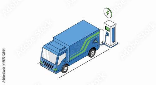 Isometric Illustration of an Electric Delivery Truck Charging at an EV Station - Sustainable Logistics and Green Transportation Concept