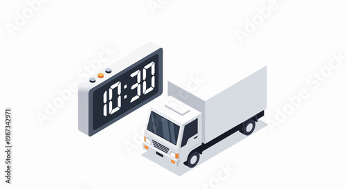 Isometric Delivery Truck with Digital Clock Showing 10:30 for Express Shipping and Logistics Concept