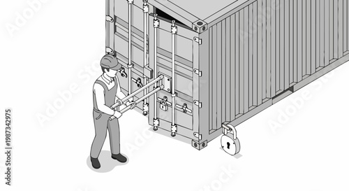 Isometric Logistics Illustration of a Worker Opening a Cargo Shipping Container for Global Trade and Freight Transport