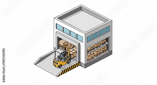 Isometric Warehouse and Logistics Center Illustration with Forklift and Storage Boxes