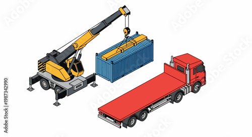 Isometric Illustration of Construction Crane, Shipping Container, and Flatbed Truck for Logistics and Transportation Concept
