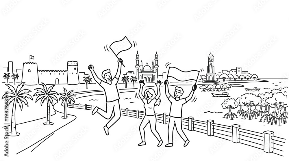 Obraz premium Joyful Group Celebrating Near City Skyline