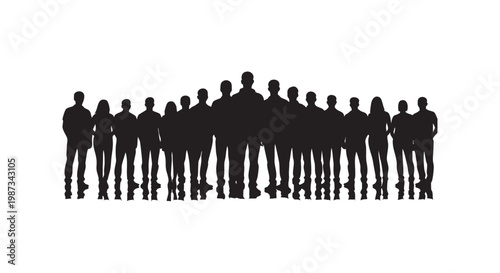 Group of diverse people standing together in silhouette against a white background showing unity and togetherness in society.