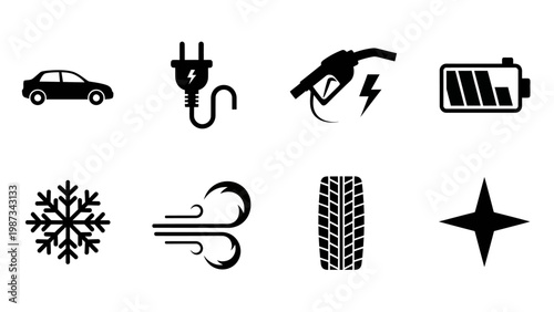 Collection of black and white icons representing various automotive and energy concepts, including electric vehicles, fuel, and battery power