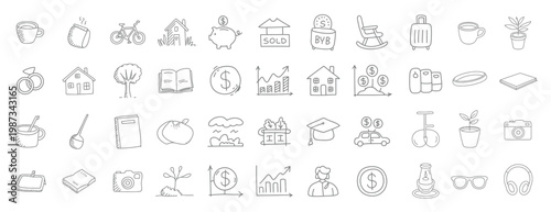 Lifestyle Line Icon Set – Hand Drawn Everyday Objects and Business Outline Icons Collection