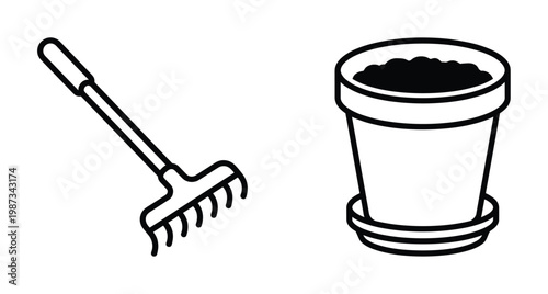 Clean vector line art of a small gardening rake and a flower pot with soil. Ideal for garden apps, websites, instructional materials, and hobby content.