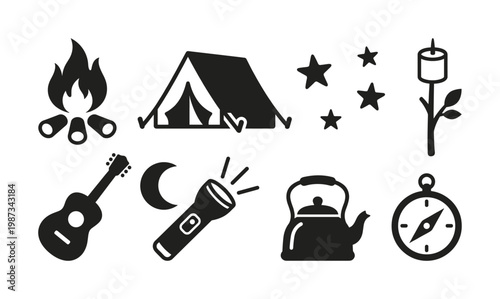 A collection of black vector icons representing camping and outdoor activities. Perfect for web, app, or print designs related to nature, travel, and adventure.
