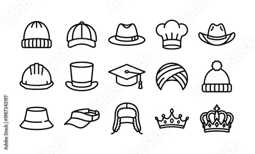 A versatile collection of outline icons featuring various hats, headwear, and crowns. Perfect for web, app design, infographics, and fashion themes. Simple and clear.
