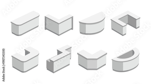 Modern isometric reception desks and counters collection. Perfect for office layouts, architectural plans, corporate designs, and UI elements.