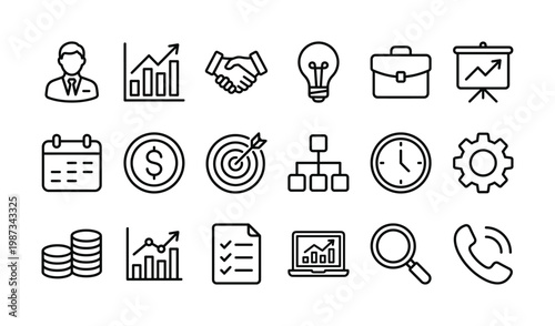 Vector set of modern business, finance, and productivity icons. Ideal for UI/UX, web design, presentations, apps, and marketing materials. Clean, adaptable style.