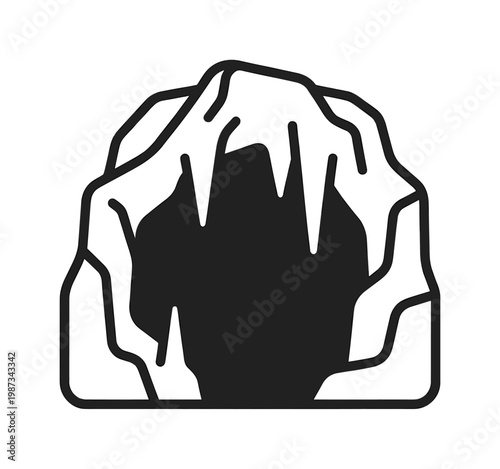 Simple black line art vector icon depicting a natural ice cave grotto with icicles. Ideal for nature, exploration, winter, adventure, and gaming designs. Clean and modern.
