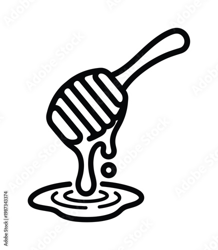 Black line art vector icon of a honey dipper dripping golden liquid into a sweet puddle. Ideal for food branding, recipes, digital interfaces, and packaging.