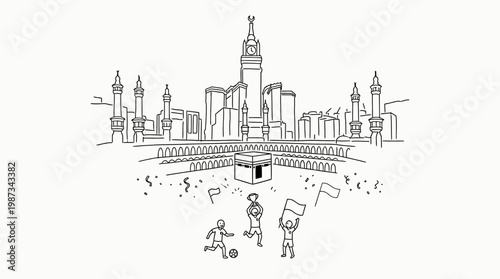 Minimalist Line Drawing of Mecca Skyline with People Playing