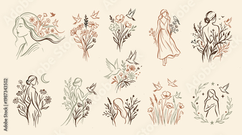 Bohemian line art illustrations of women with flowers and birds in earthy tones, celebrating nature and femininity