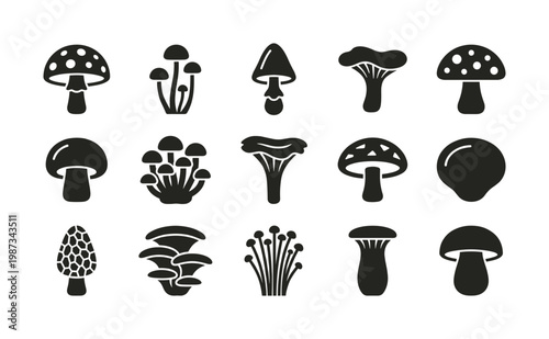 Collection of diverse mushroom silhouettes, perfect for nature, food, and ecological themes. Clean vector icons suitable for design projects.