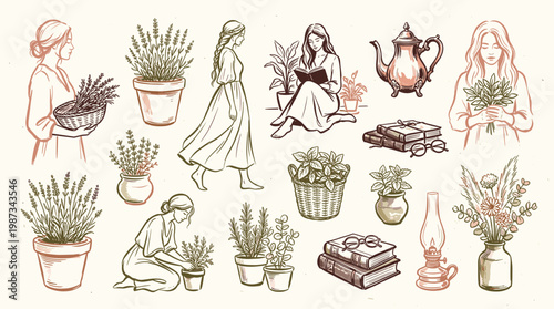 Charming illustration of women enjoying nature gardening reading and tea time with floral elements and vintage decor