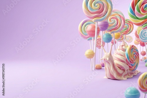 Giant ice cream snail with lollipop shell on far right, expansive smooth pastel purple void on left for text overlay and banner