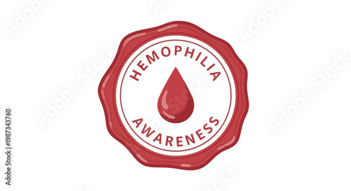 Wax seal stamp with blood drop and text for hemophilia awareness isolated on white background