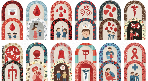 Children and family health awareness symbols in arches isolated on white background