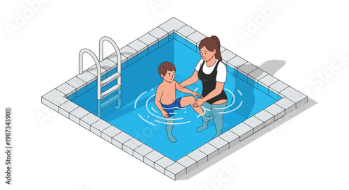 Woman teaching young boy swimming in outdoor swimming pool isometric view isolated on white background