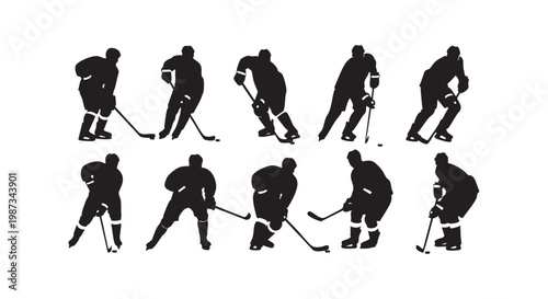 Ice hockey players collection silhouettes for sports competition tournament and athletic team activities vector graphics.