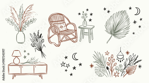 Bohemian interior decor elements sketch with rattan chair, dried flowers, lamp and celestial motifs for cozy living room design