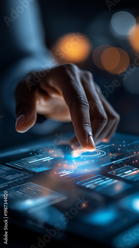 Close up of a hand interacting with a holographic ai project management interface showing global business planning modules and execution strategy panels cool blue holographic