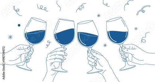 Four hands holding wine glasses for a toast with confetti