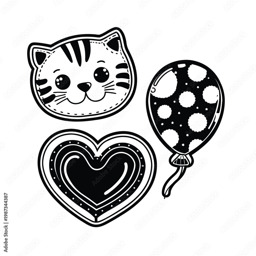 Fototapeta premium Cute outline sticker set featuring a cat, heart, and balloon with stitched borders