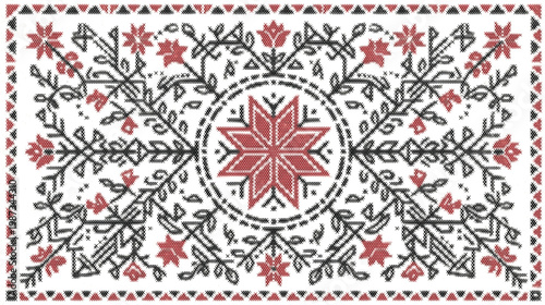 Red floral rug pattern chart grid fabric design pixel art cross stitch vector background