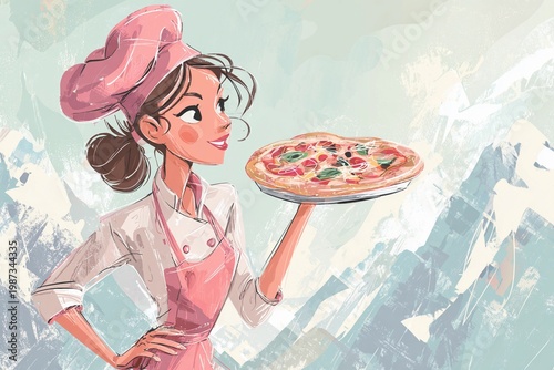 Kitchen scene with chef holding pizza, combining food preparation and presentation in a clean professional setting