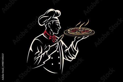Kitchen scene with chef holding pizza, combining food preparation and presentation in a clean professional setting
