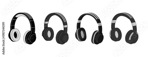 Professional Studio Headphones Collection Vector Set, Different Angles of Wireless Over-Ear Headsets for Music Audio Podcast and Gaming Design