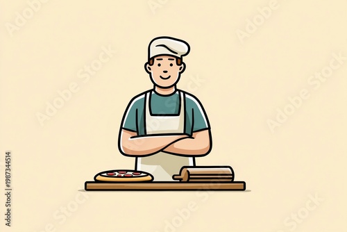 Kitchen scene with chef holding pizza, combining food preparation and presentation in a clean professional setting