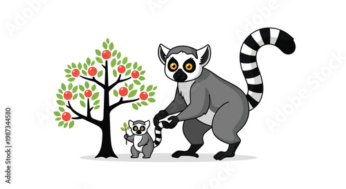 Ring tailed lemur mother and baby near apple tree illustration isolated on white background