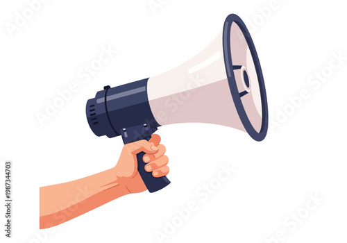 Hand Holding Megaphone Illustration for Announcement and Marketing Promotion, Flat Vector Bullhorn Icon Isolated on White Background