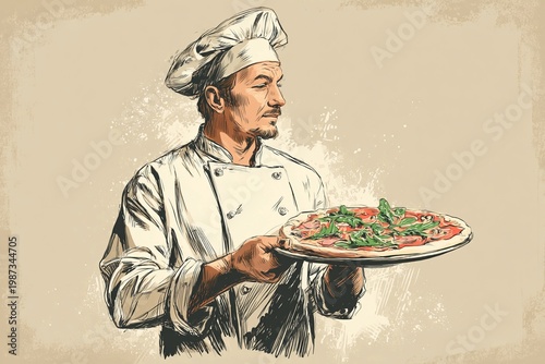 Kitchen scene with chef holding pizza, combining food preparation and presentation in a clean professional setting
