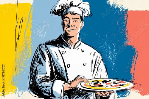 Kitchen scene with chef holding pizza, combining food preparation and presentation in a clean professional setting