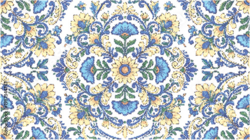 Obraz na plátne Mandala gold blue hand drawn grid fabric design cross stitch pixel art vector wa