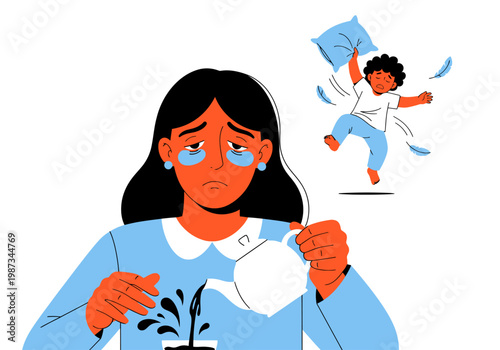 Tired Mother with Eye Patches Pouring Coffee while Hyperactive Child Jumps in Background, Vector Illustration of Parenting Burnout and Exhaustion