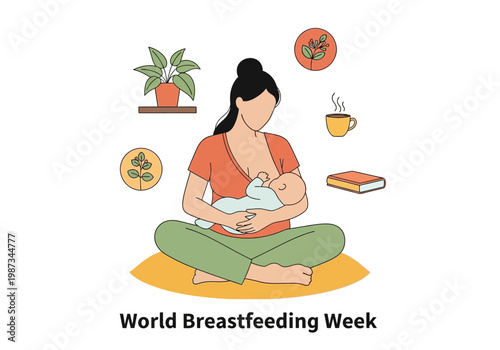 World Breastfeeding Week Illustration of a Mother Nursing Her Baby in a Cozy Home Setting