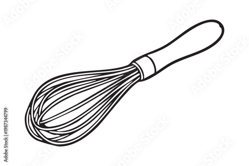 Metal balloon whisk line drawing on white background, clean simple sketch showing ergonomic handle and fine wire loops, kitchen tool poised for mixing batter, monochrome style ideal for baking