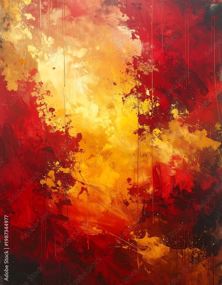 Fototapeta premium A vertical abstract painting with fiery colors. It blends red, orange, and yellow hues, creating a sense of movement and energy. The artwork has a textured look