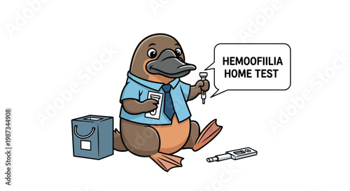Platypus character performing hemophilia home test with kit isolated on white background
