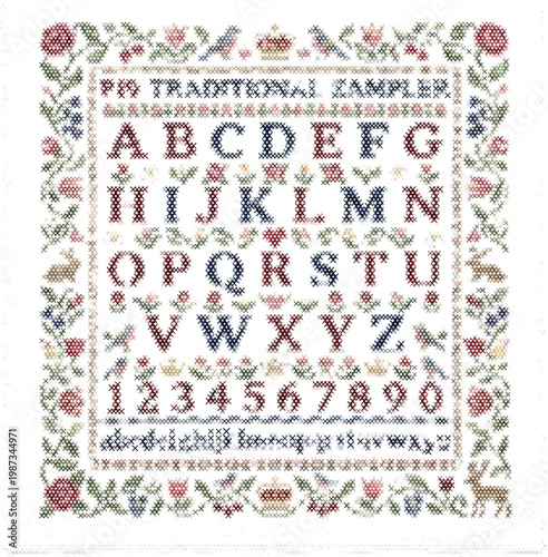 Antique alphabet sampler pattern chart grid home decor pixel art cross stitch vector graphic