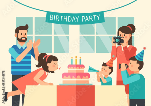 Flat Vector Illustration of a Happy Family Celebrating a Girl's Birthday Party with Cake, Party Hats, and Photography