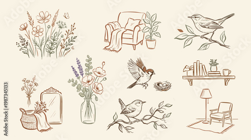 Charming hand drawn sketch collection of cozy home interior elements and birds in natural settings, evoking warmth and tranquility