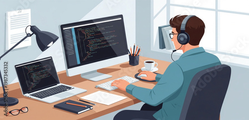 Software Developer Working at Home Office Desk with Computer Coding Programming Technology Remote Work Illustration